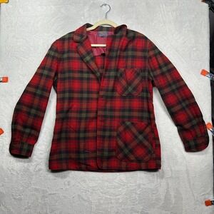 VTG Pendleton Virgin Wool Jacket Men Red Green Plaid Lapel Neck Classic - Medium